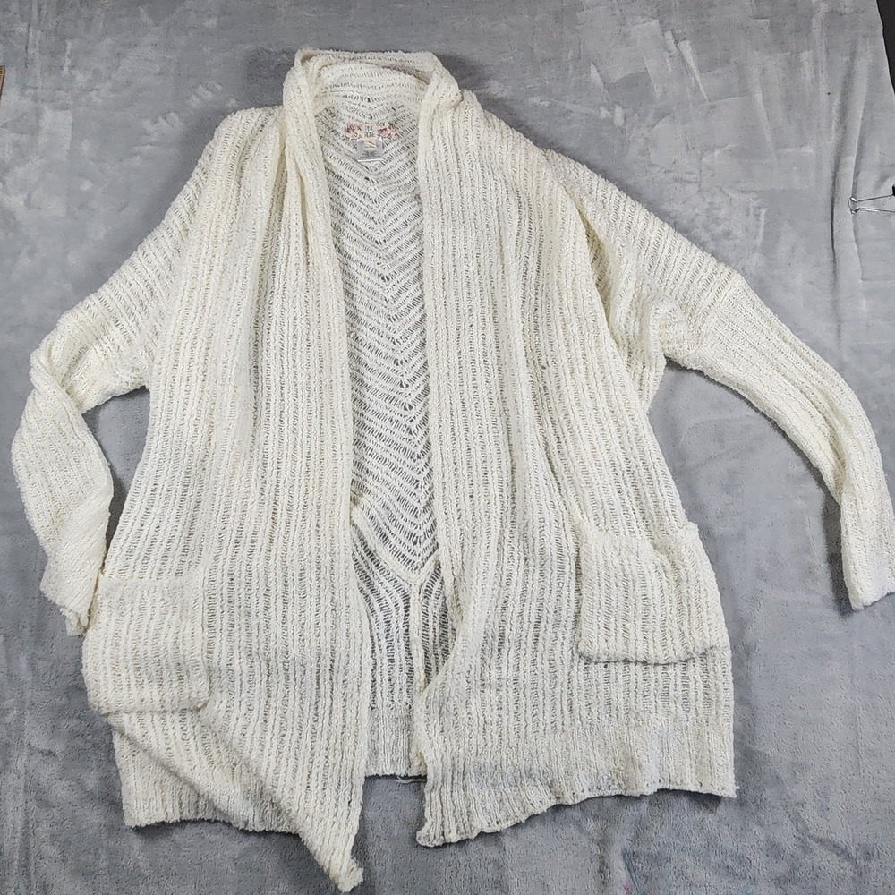 Pink Rose Ribbed Open-Front Duster Cardigan‎ Size XL Ivory Cottagecore Cozy